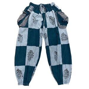 Kirat Patchwork Harem Pants Teal Gray OS Cotton Boho Festival Travel Hippie